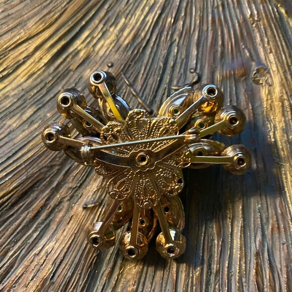 Vintage Green Rhinestones and Aurora Borealis Rhinestone Brooch - Picture 2 of 3